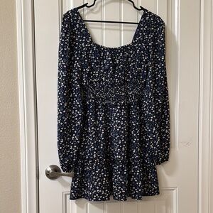 Missguided Square Neck Longsleeve Navy Floral Dress with Cinched Waist